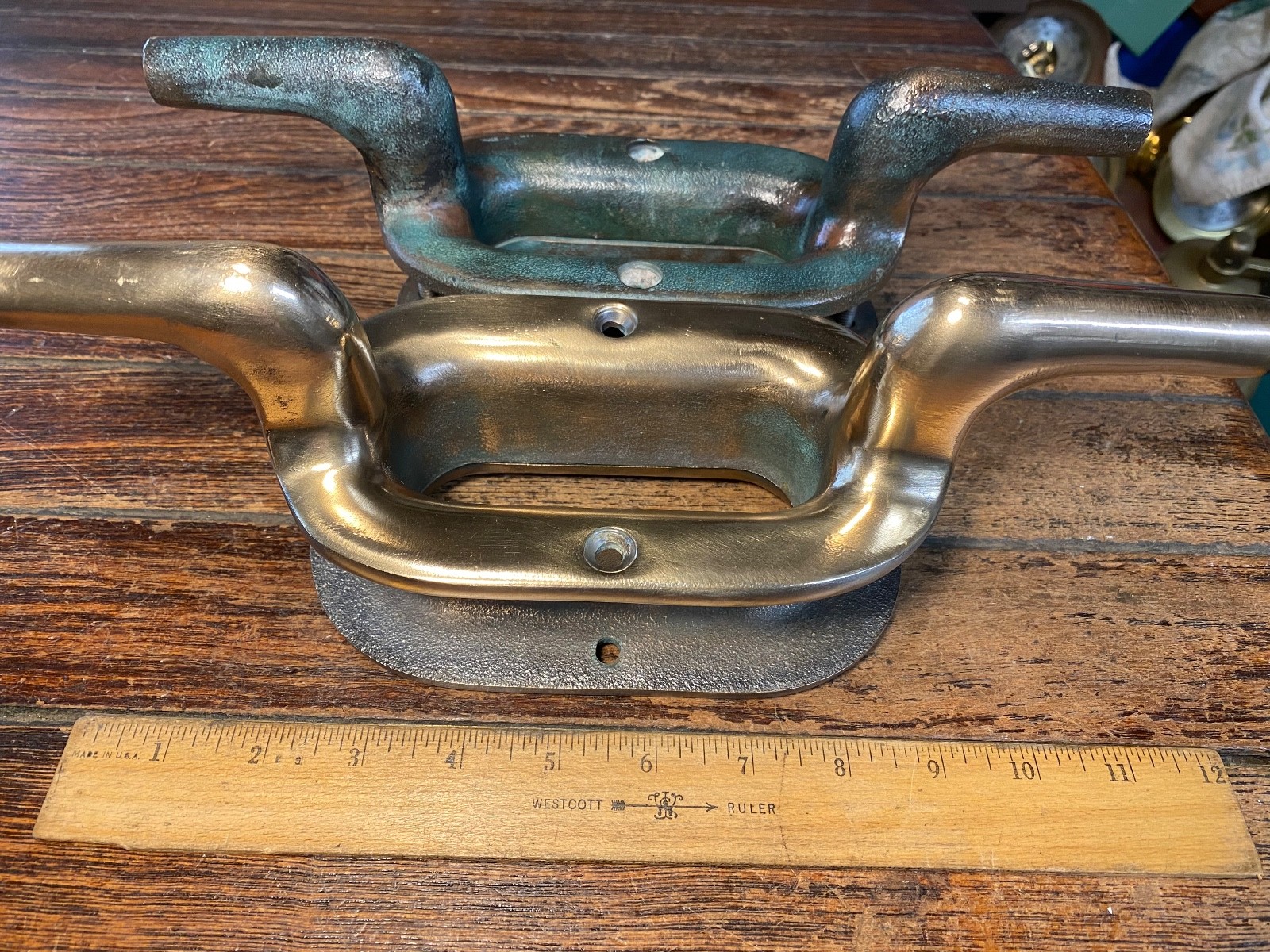 VINTAGE CAST POLISHED BRONZE COMBINATION CLEAT/HAWSE HOLE 12" LONG (2 avail)
