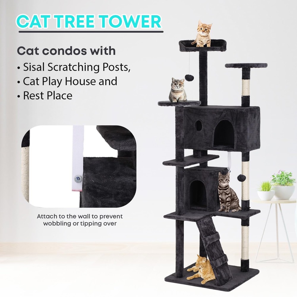 | 70" Cat Tree Tower | Dark Gray | Multi-Level Indoor Activity Center with Si...