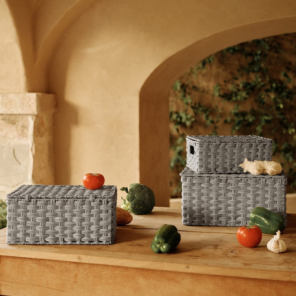 Granny Says Wicker Storage Baskets 3-Pack Gray Decorative Nested Boxes w/Lids