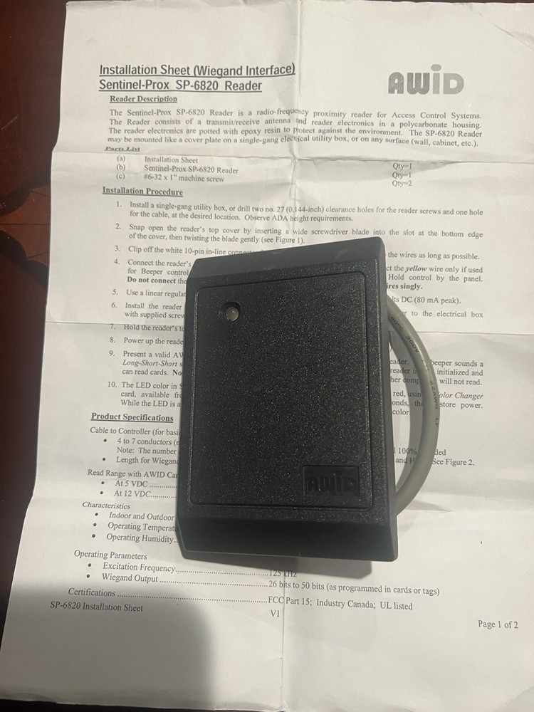 AWID SP-6820 Sentinel-Prox Switch Plate Card Reader Access Device