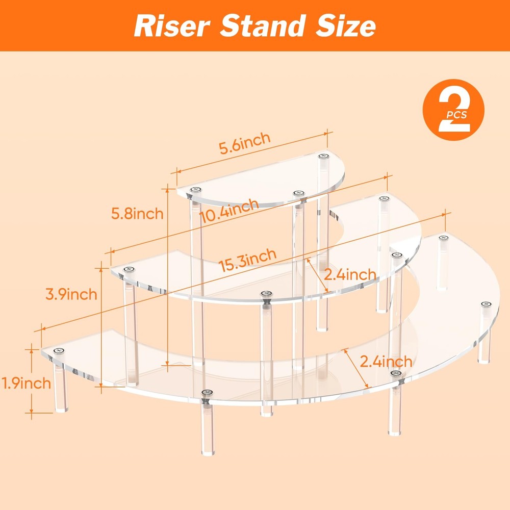 Dooiclear 3 Tier Acrylic Display Risers 2 Pack, Half Moon Cupcake Clear