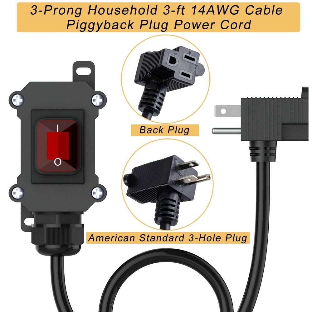 Inline Cord Switch 3ft Cable Waterproof 3-Pronged Plug On/Off Rocker Button