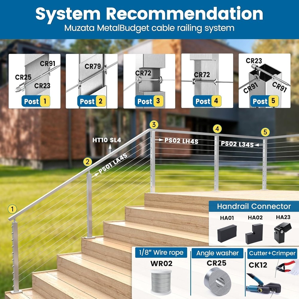 Muzata 60 Pack 1/8" Cable Railing Hardware For 2"x2" Post, Silver