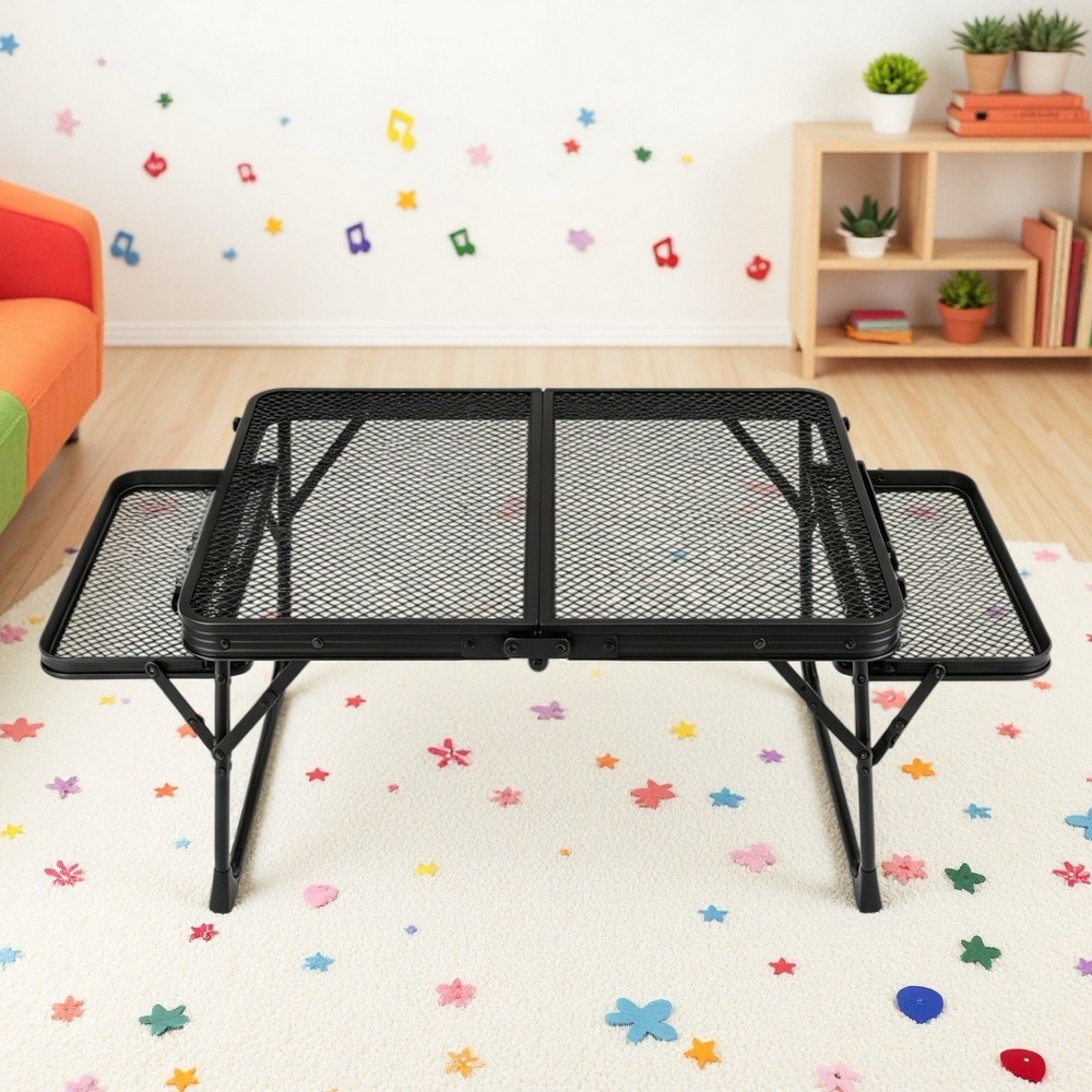 3ft Folding Camping Wire Mesh Table - Side Wings Adjustable Aluminum Frame Black