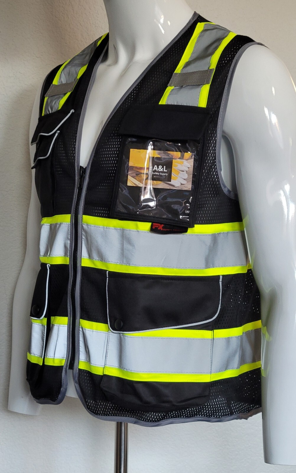 FX Class2 Hi-Vis Reflective Safety Vests with 6 Pockets and Zipper Front Black.
