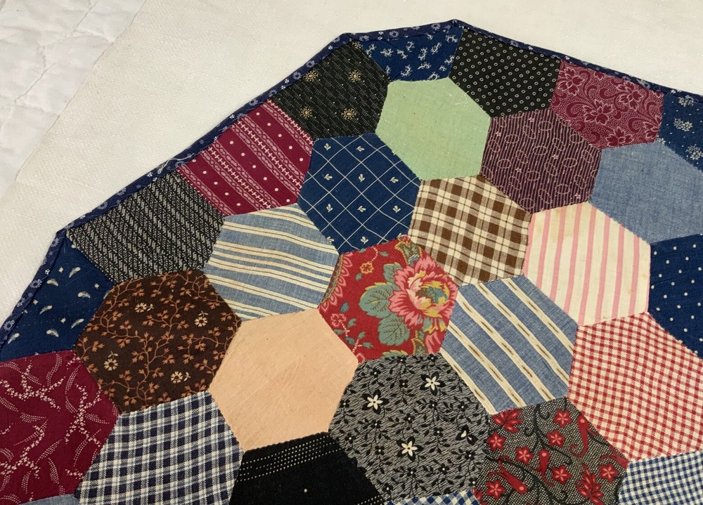 Antique Patchwork Quilt Table Topper, Octagons, Early Calico Prints, Navy, Multi