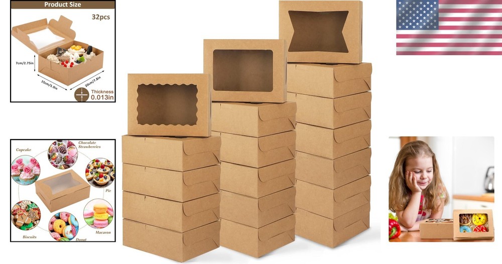 Elegant 32pc Cookie Boxes - 8x6x2.5 Eco-Friendly Bakery Boxes with Window