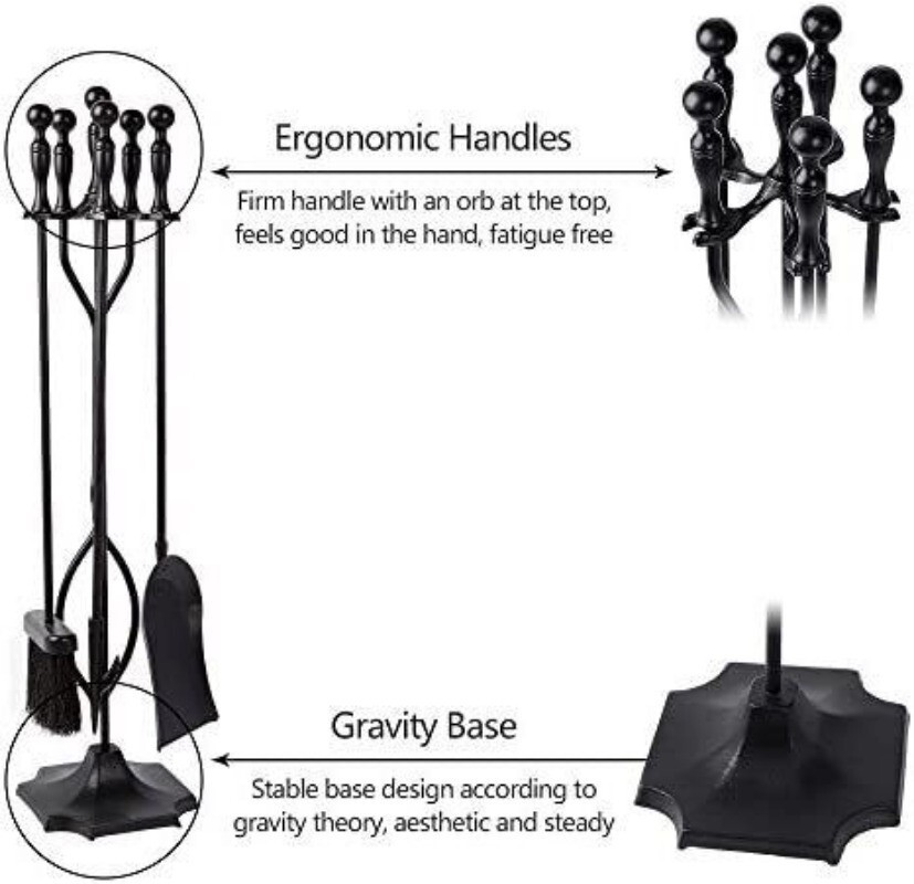 5 Pcs Fireplace Tools Sets Handle Wrought Iron Large Fire Tool Set and Holder