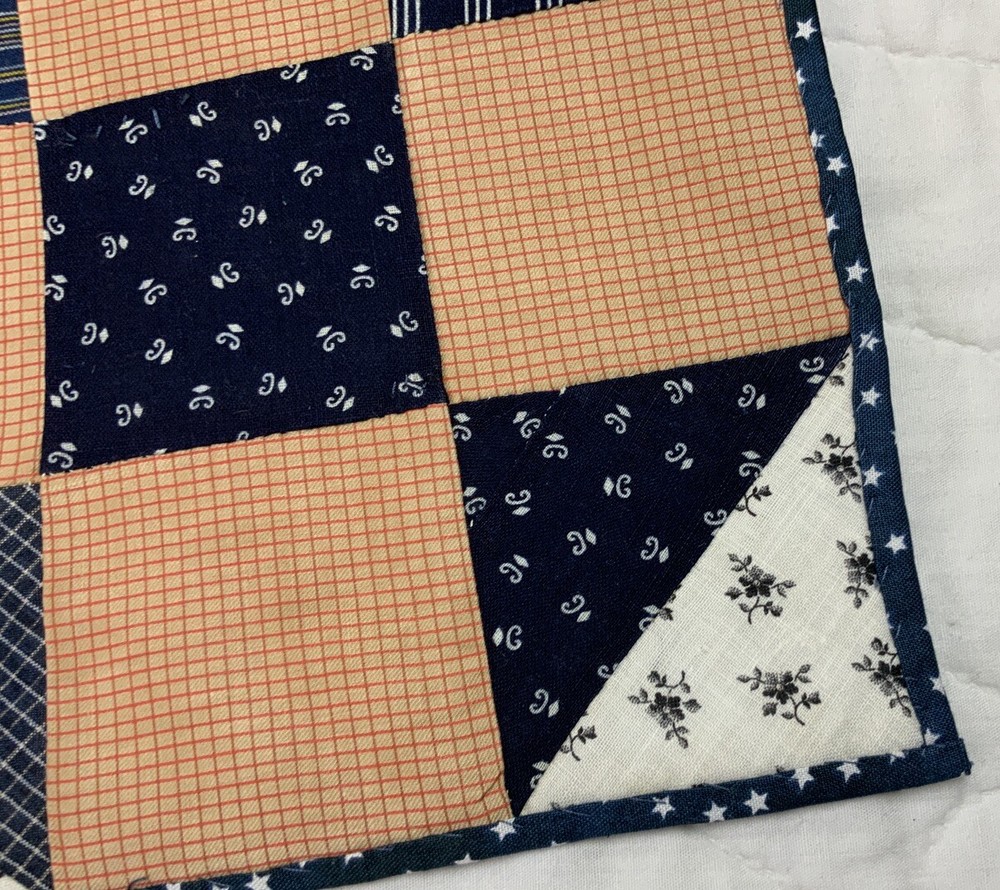 Antique Vintage Patchwork Quilt Table Topper, Nine Patch With Triangles, Navy