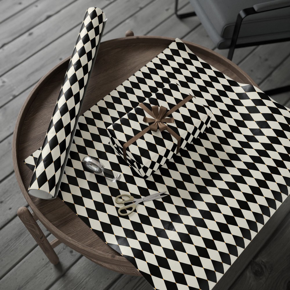 Wrapping Papers, Chic Cream Gold Black Harlequin, diamond pattern wrapper