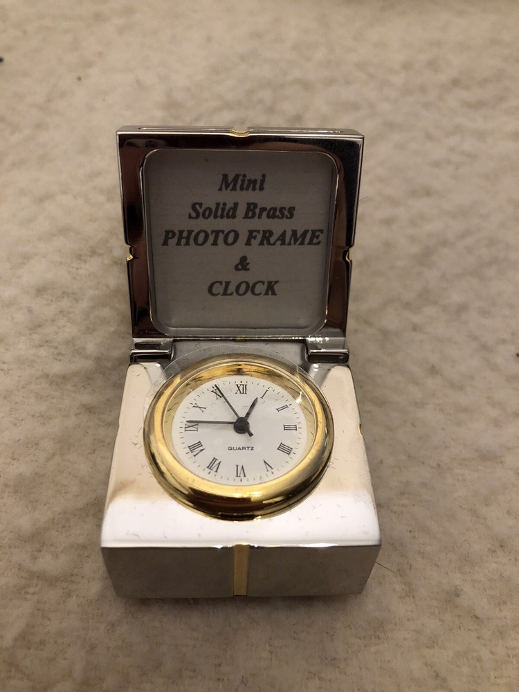 Mini Brass Metal Present Clock Battery Powered With Picture Frame