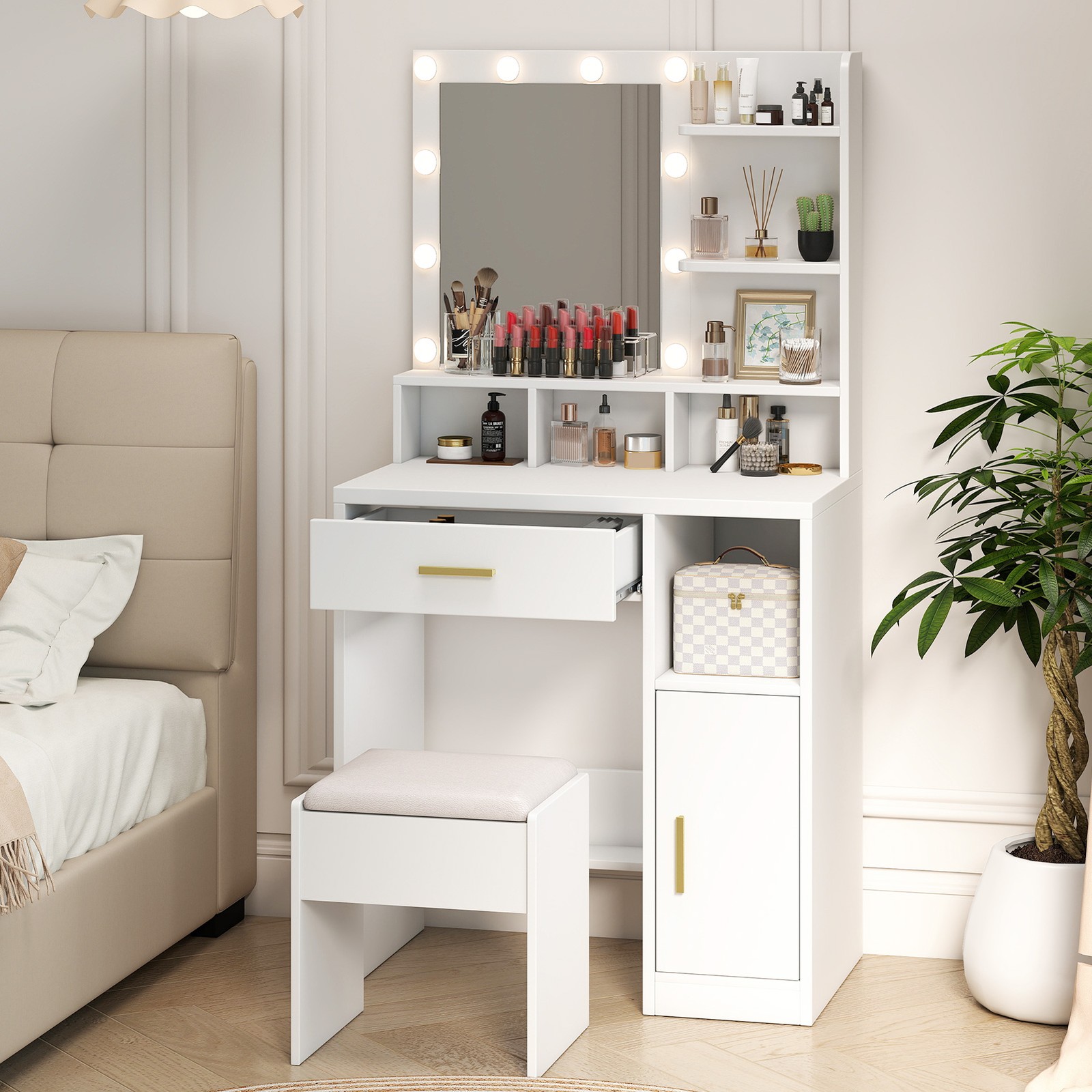 LED Makeup Vanity Table Set with 10 Lights Mirror Drawers Stool Dressing Desk