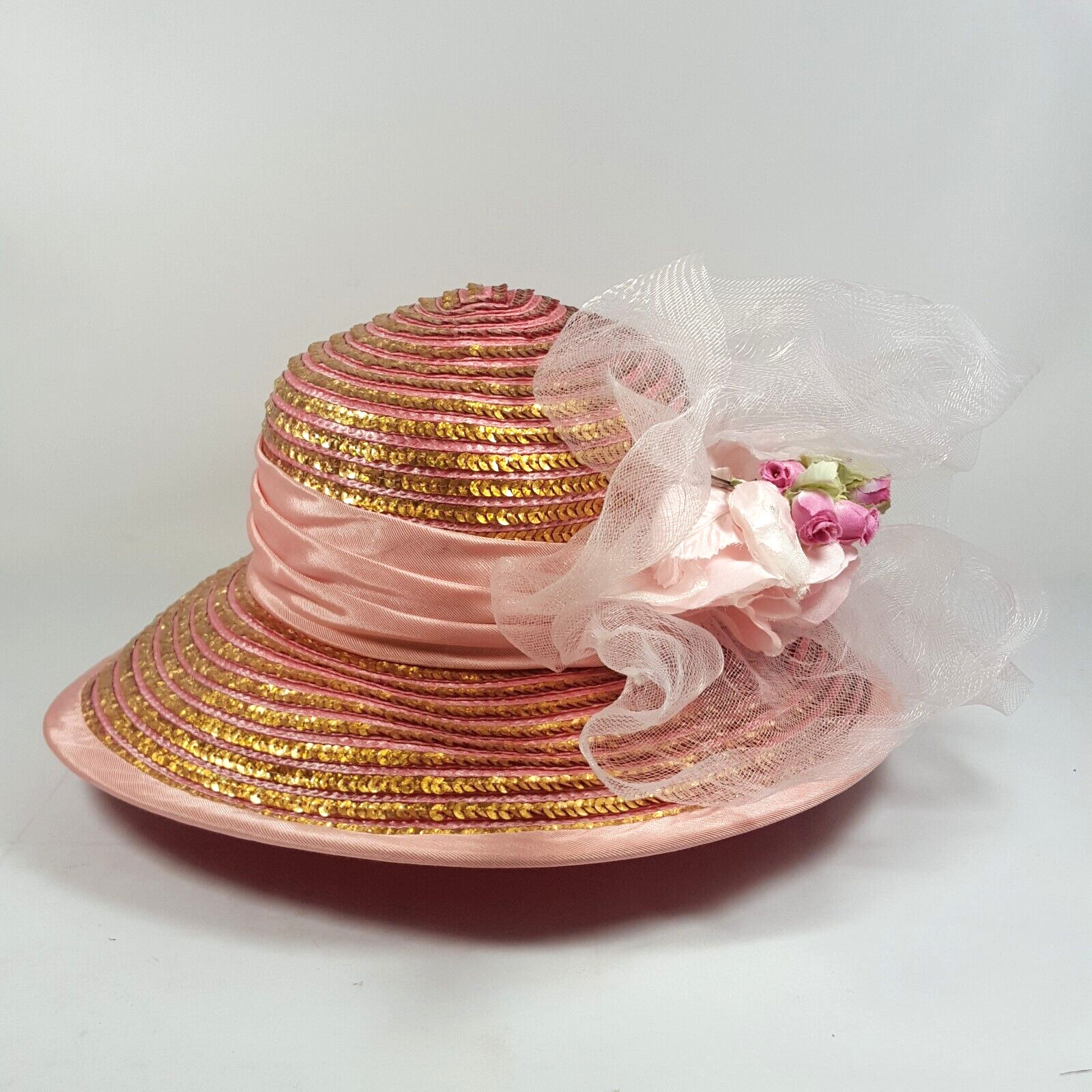 Vintage Whittall Shon Womens Cartwheel Sun Hat Pink Gold Floral Flower Sequin