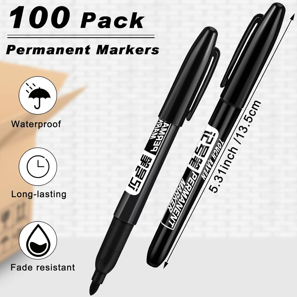 100 Pack Permanent Markers Bulk Black Set Fine Point Marker Pens Waterproof Work