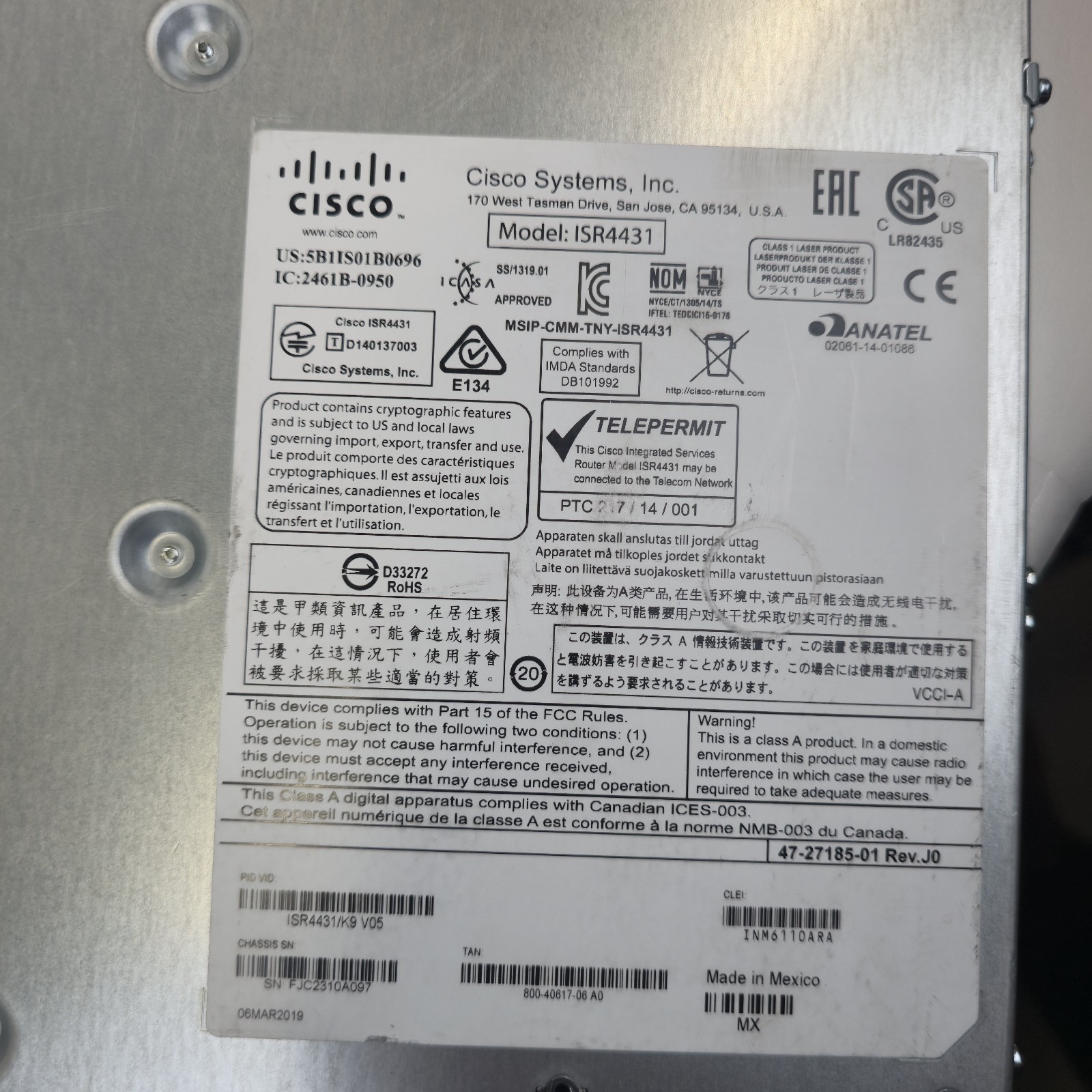 Cisco 4400 Series ISR4431/K9 Integrated Service Router NO AC