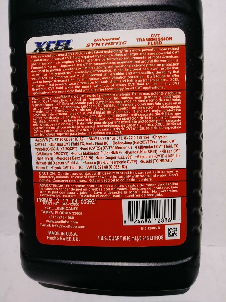 CVT 2 Quart Synthetic Automatic Transmission Fluid multi-vehicle Universal XCEL