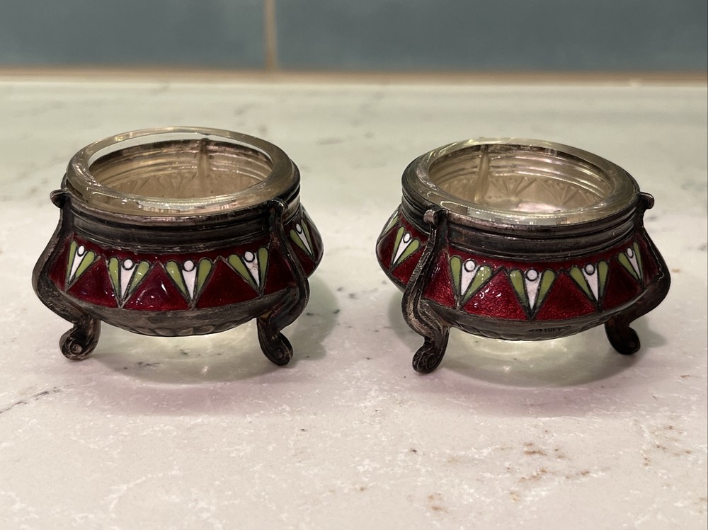 2  Vintage Russian Enamel Cloisonné Salt Cellars Signed