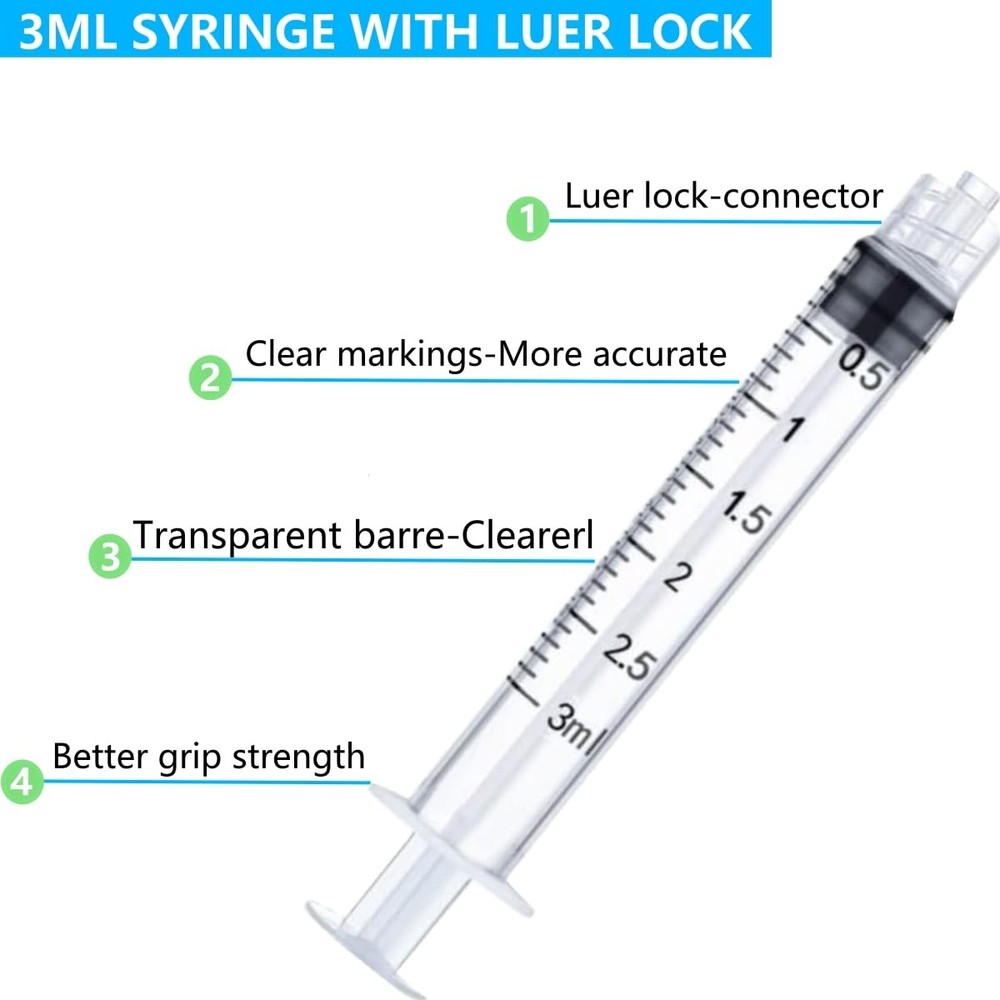 100 Pack 3ml/cc Plastic Luer Lock Syringes - Liquid Measuring & Dispensing Tools