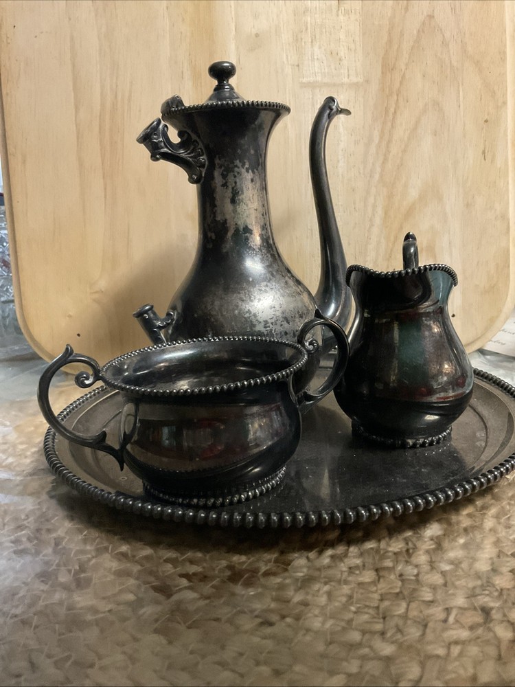 Barbour Silver Co. Nickel Silver Bead Trim 4 Piece Tea Set