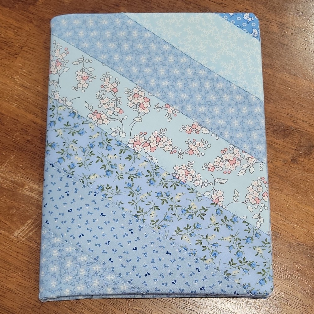 Quilted Scrappy Light Blue Floral Fabric Composition Notebook Cover Resusable