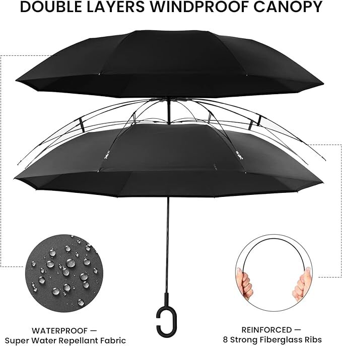 Large Inverted Reverse Umbrella with C-Shaped Handle, Windproof Double Layer Ups