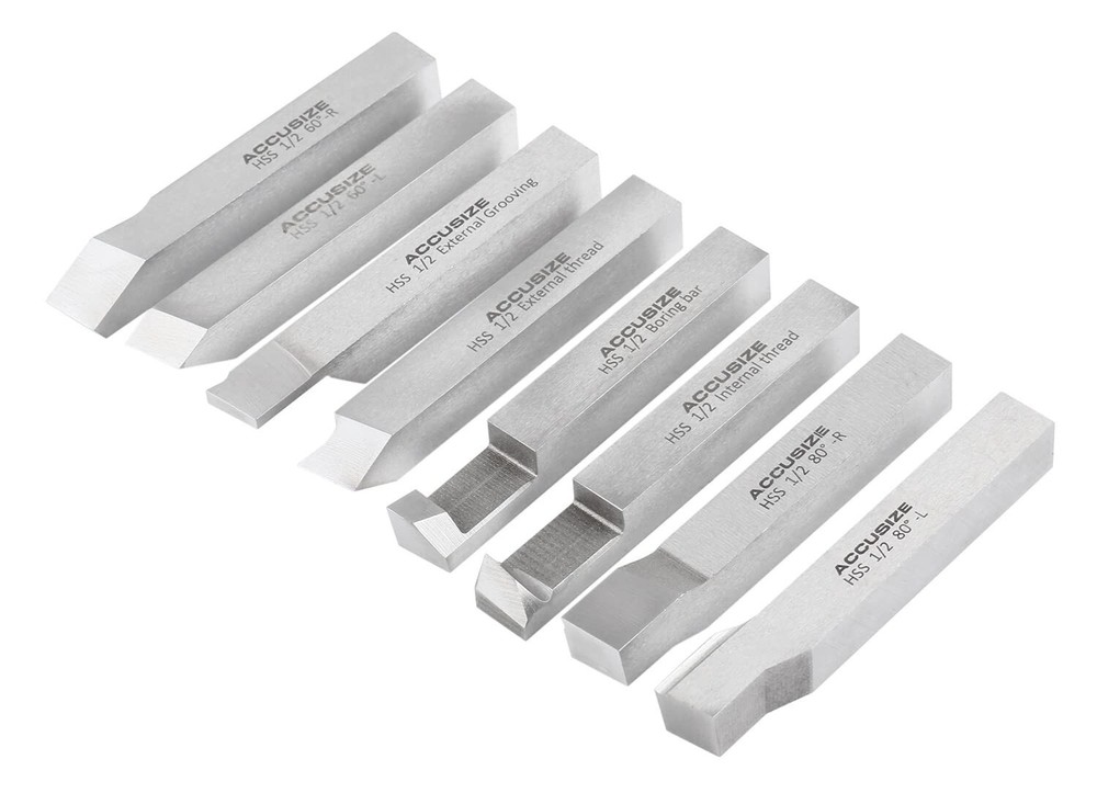Accusize Industrial Tools 8-Piece HSS Tool Bit Set, 1/2'' Shank Lathe Tools