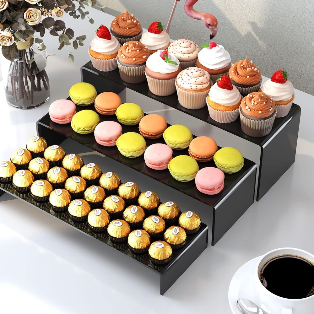 6Pcs Large Acrylic Display Risers for Collectibles, Black Rectangular Shelves