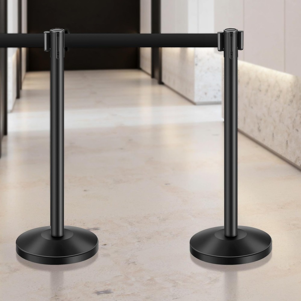 6 Pcs Crowd Control Stanchion Set ,with Retractable Belts Black Stanchions Queue