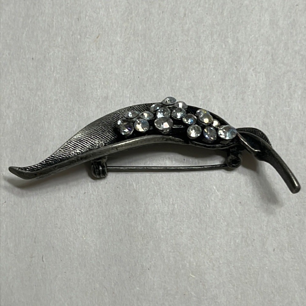 Elegant Etched Pewter Rhinestone Brooch