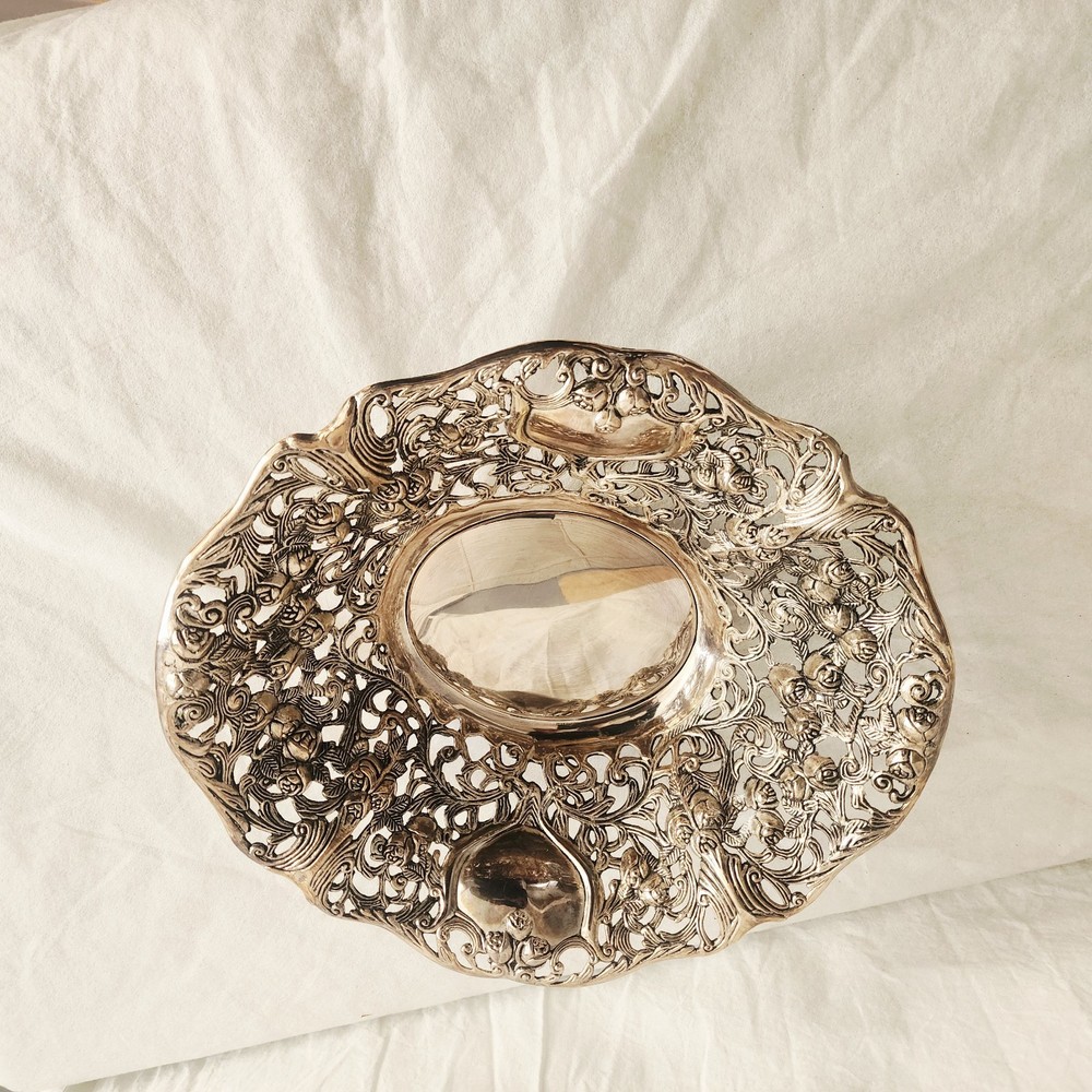 Silverplate Metal Centerpiece Bowl Intricate Pierced Openwork Design Roses
