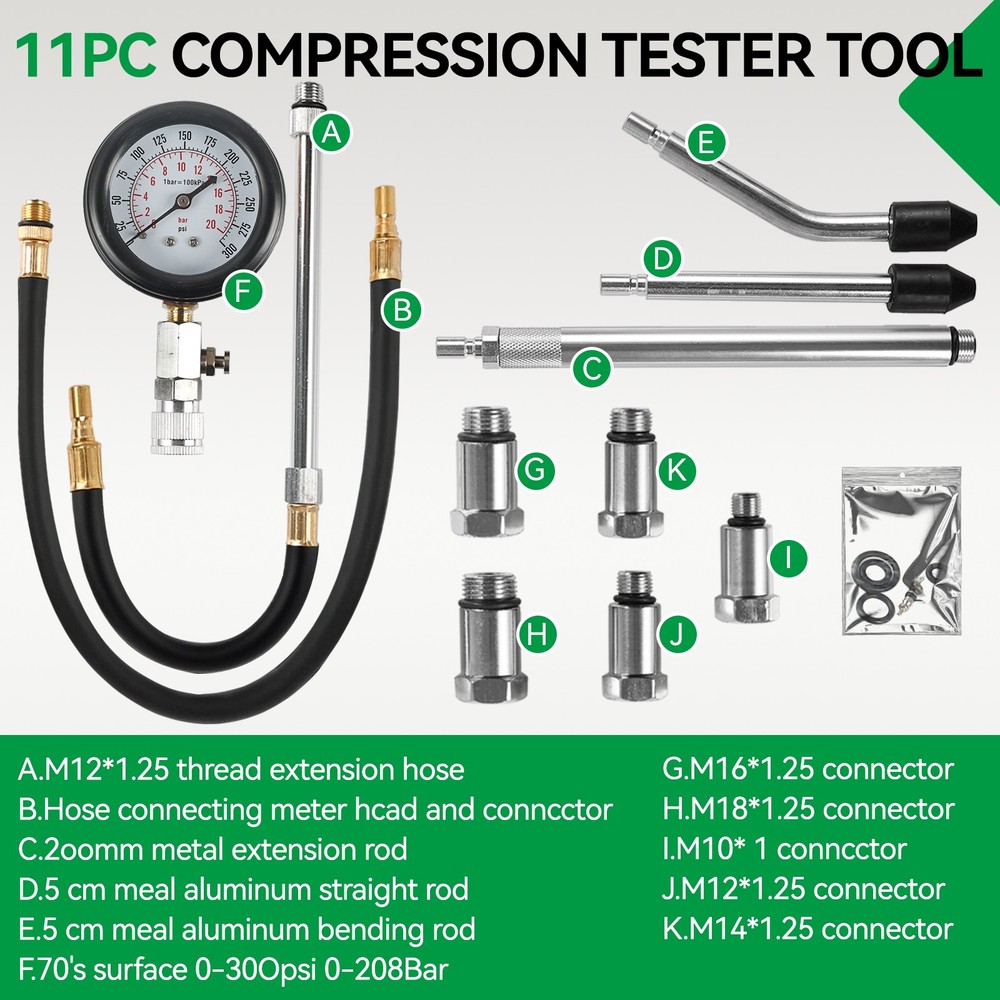 11Pc Cylinder Compression Gauge Tester Kit Gas Engine Diagnostic Testing Tool US