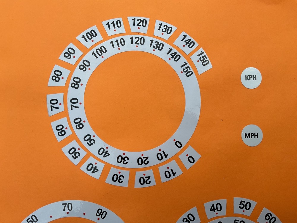 SPEEDO OVERLAY CONVERSION KIT STICKERS MPH or KPH WHITE SPEEDOMETER DIALS