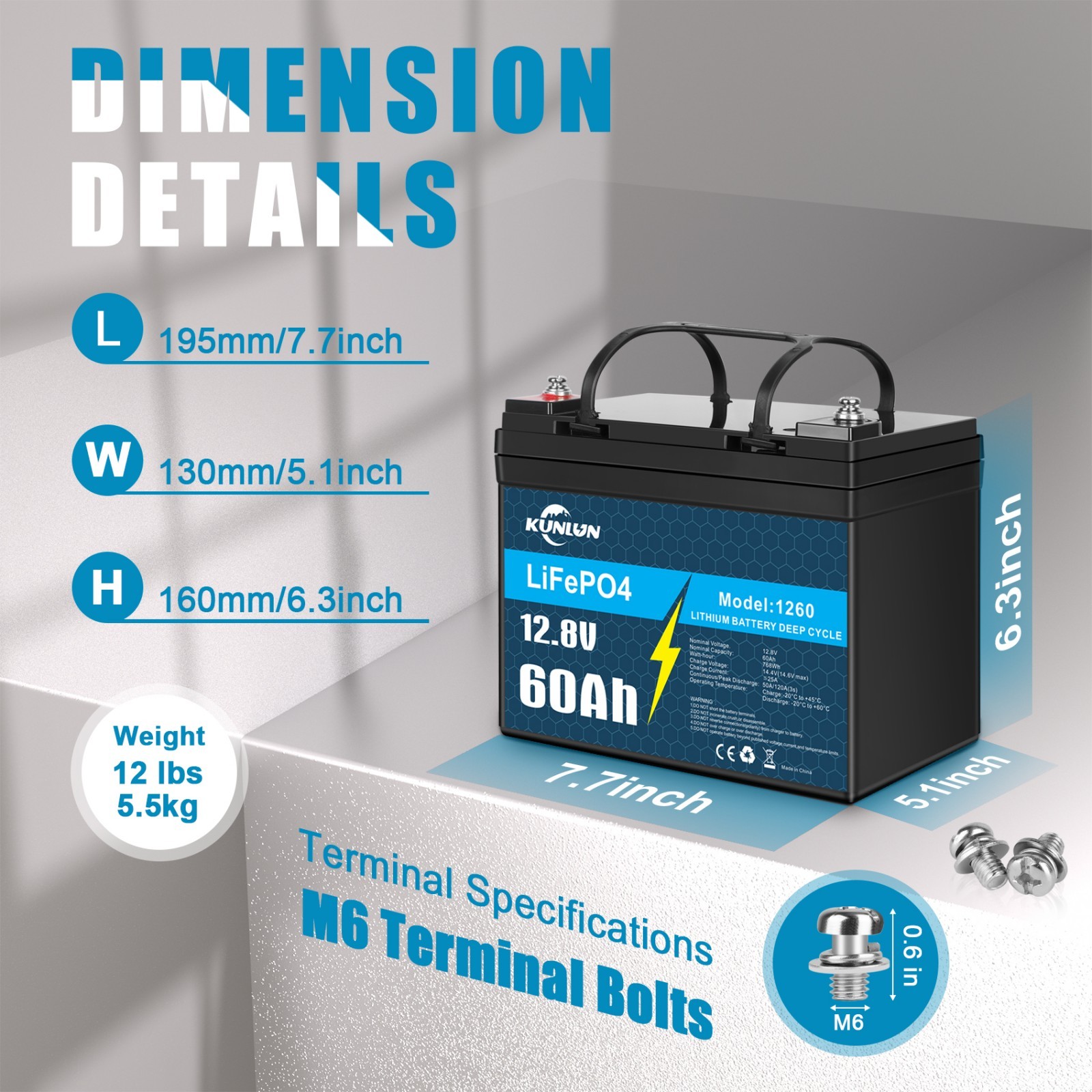 12V 60Ah Lithium Battery LiFePO4 Rechargeable Deep Cycle BMS RV Solar Golf Cart