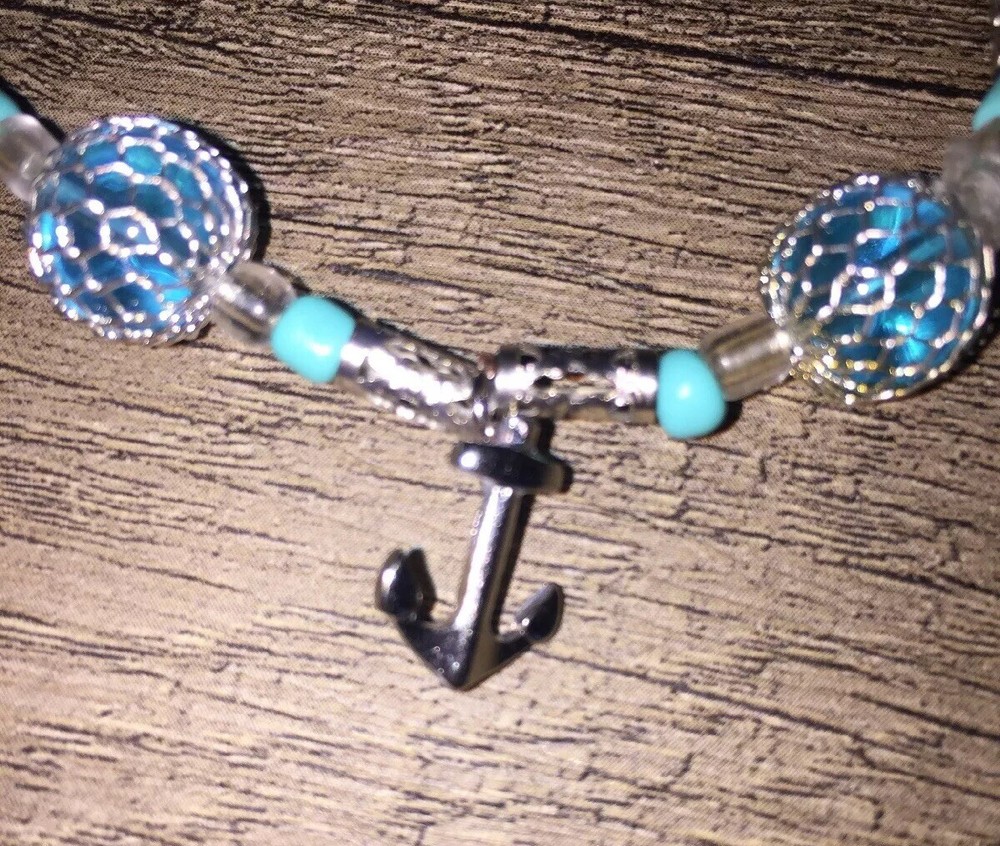 Handcrafted Beaded Stretch Bracelet, Sz M, Nautical