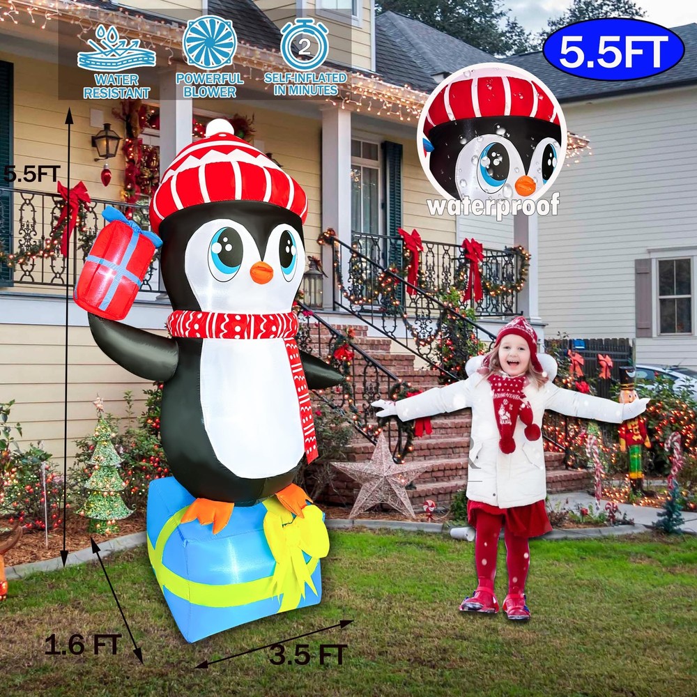 JOYEASE 5.5 FT Christmas Inflatables Penguin with Gift Boxes White