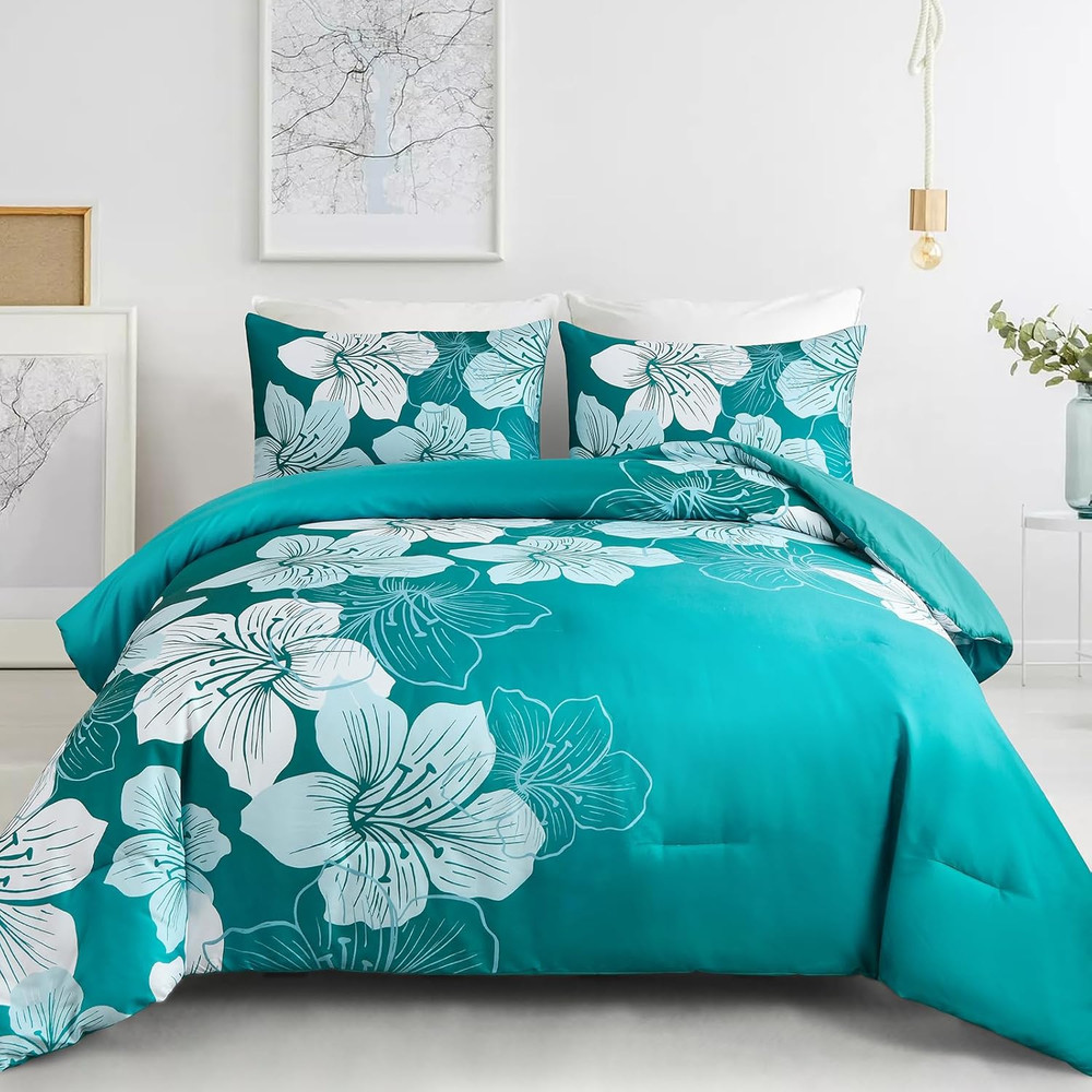 Queen Comforter Set Gradient Teal Bedding Floral Comforter Sets - Soft Microfibe