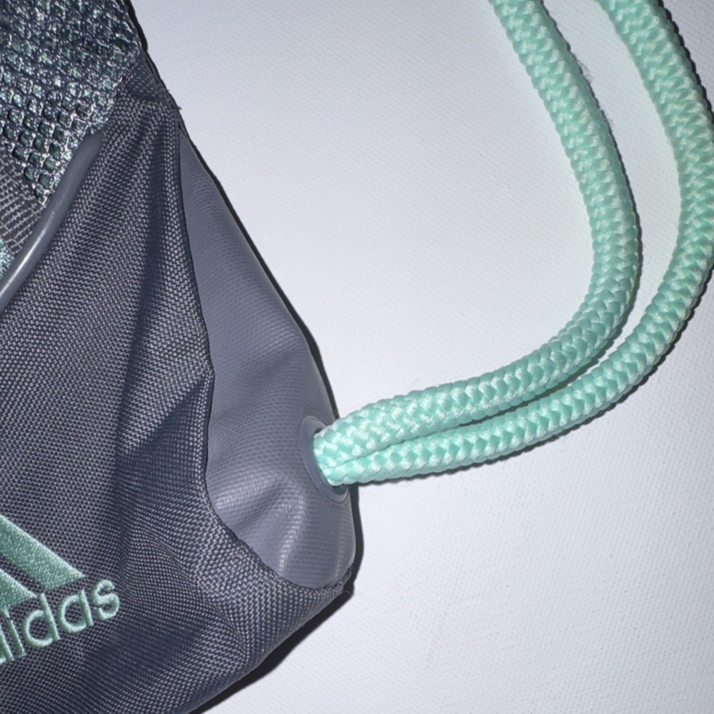 adidas Drawstring Gym Bag Gray Mint Green Zip Pocket Adjustable Strap Polyester