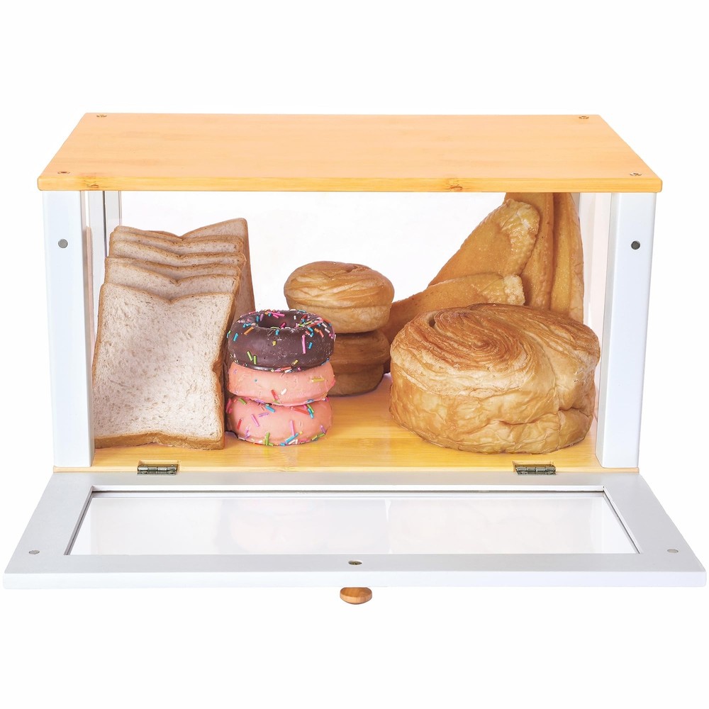 Bamboo Bread Box for Kitchen Countertop - Large White Bread Box Pastry Displa...