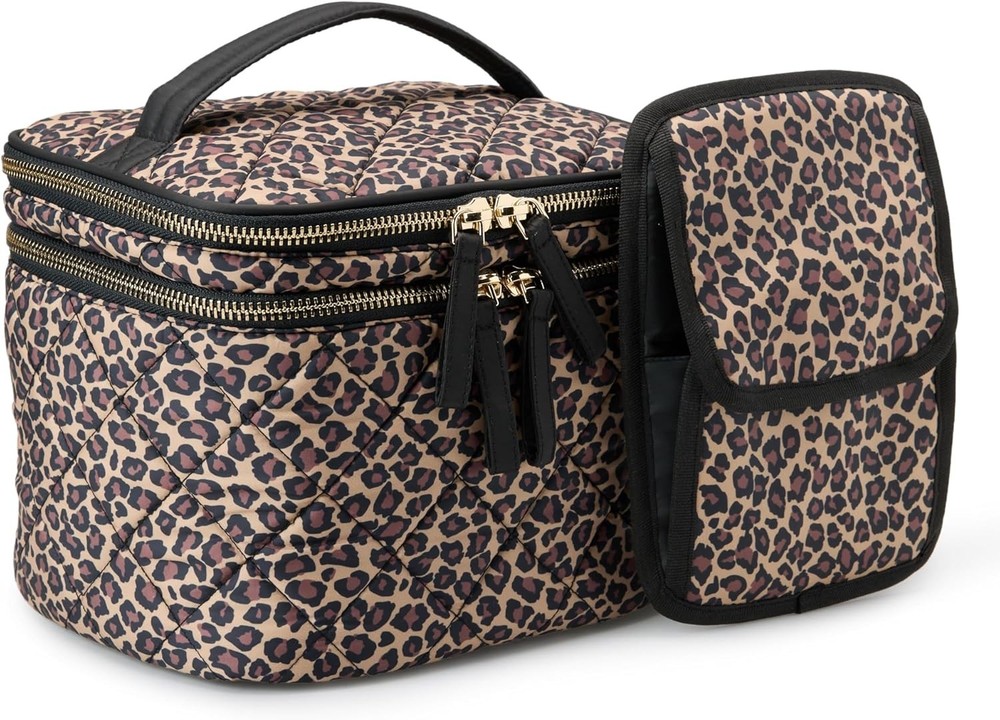 Essentials Women's Quilted Cosmetic Case with Makeup Brush Storage, Leopard,