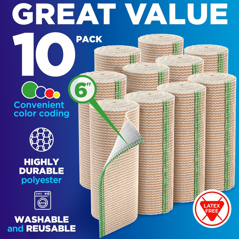 Elastic Bandage Wrap - 6” (10pk) - Strong Compression - Self-Closing 10 Pack