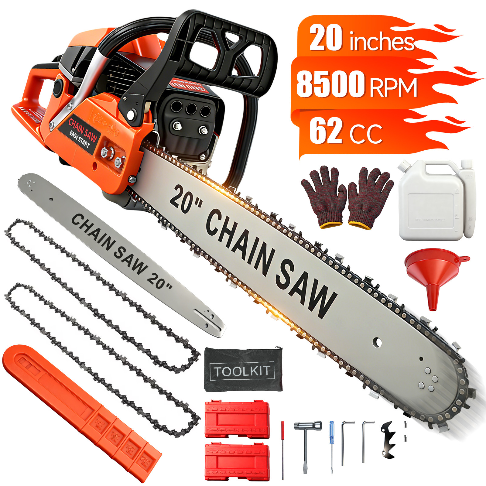 62cc Gas Powered Chainsaw with 20'' Guide Bar Saw Chain 2-Stroke Engine Cut Wood