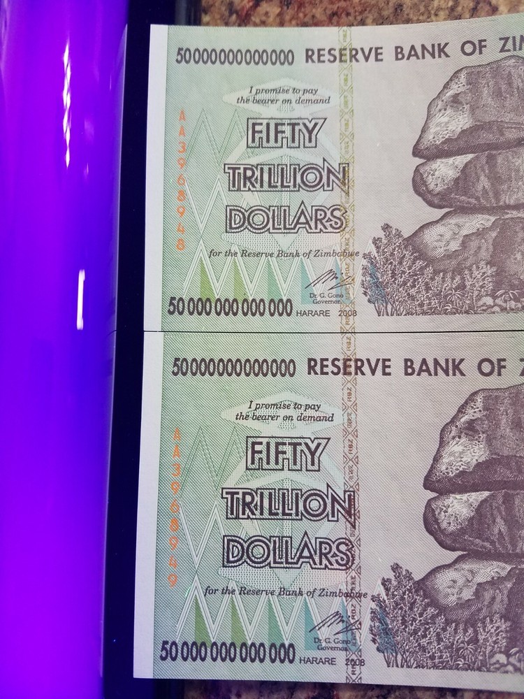 UV TESTED! ZIMBABWE 50 TRILLION X2 (100 TRILLION TOTAL!) UNC! SEQUENTIAL!