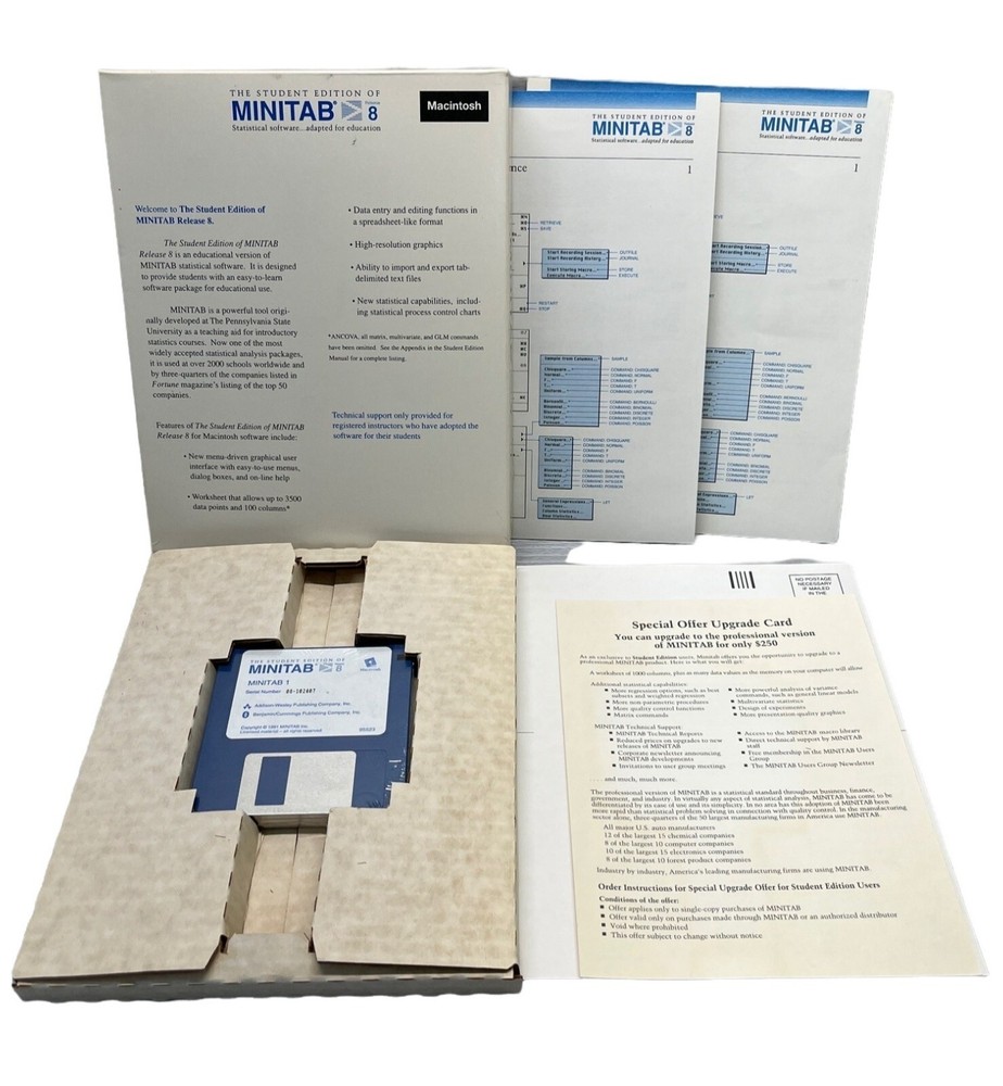 Minitab 8 Student Edition Macintosh Statistical Software Vtg 3.5" Floppy Disk