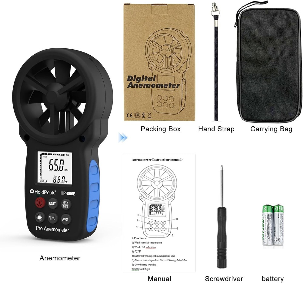 HoldPeak 866B Digital Anemometer,Handheld Wind Speed & Temp Meter with Backlight