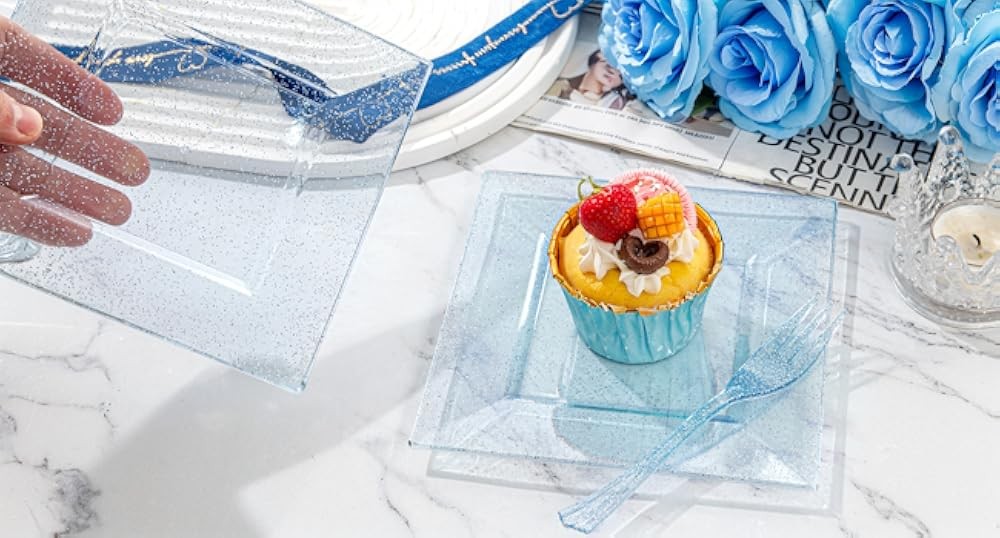 DaYmi Blue Glitter Dert Plates Including Appetizer Plates, Plastic