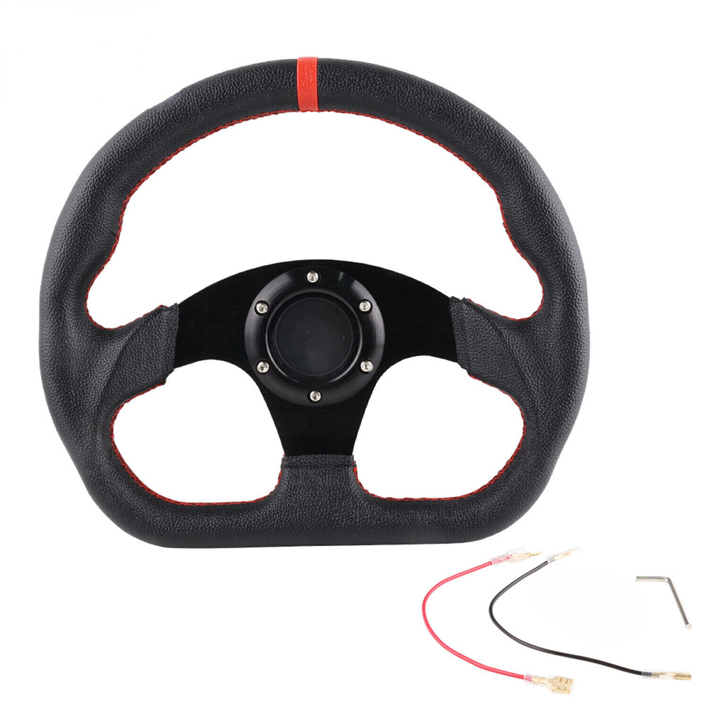 Flat Drift Racing Steering Wheel Leather Universal D Shape 6 Holes Horn Button