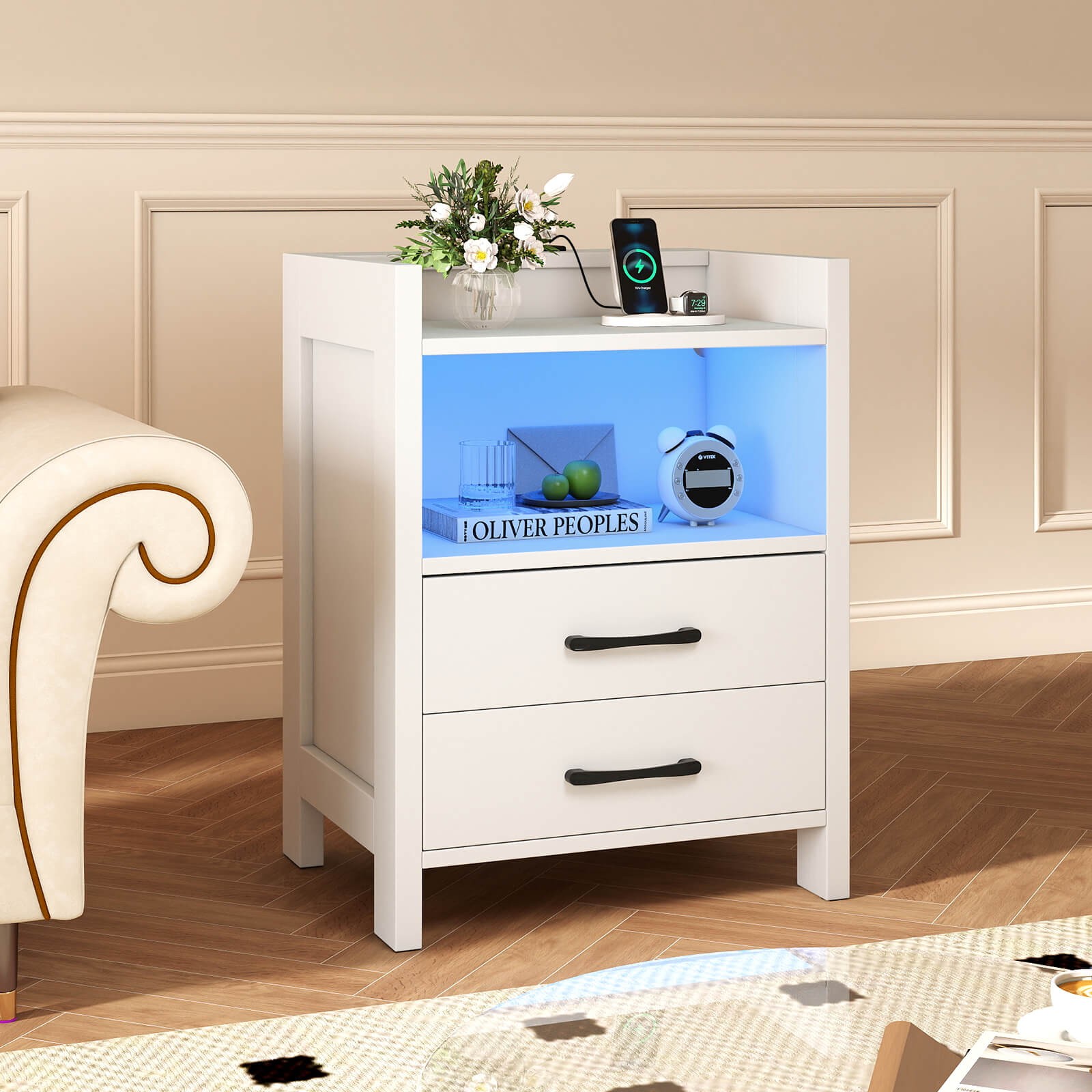 23.5” Nightstand w/LED Lights & Charging Station, USB Port & Outlets for Bedroom
