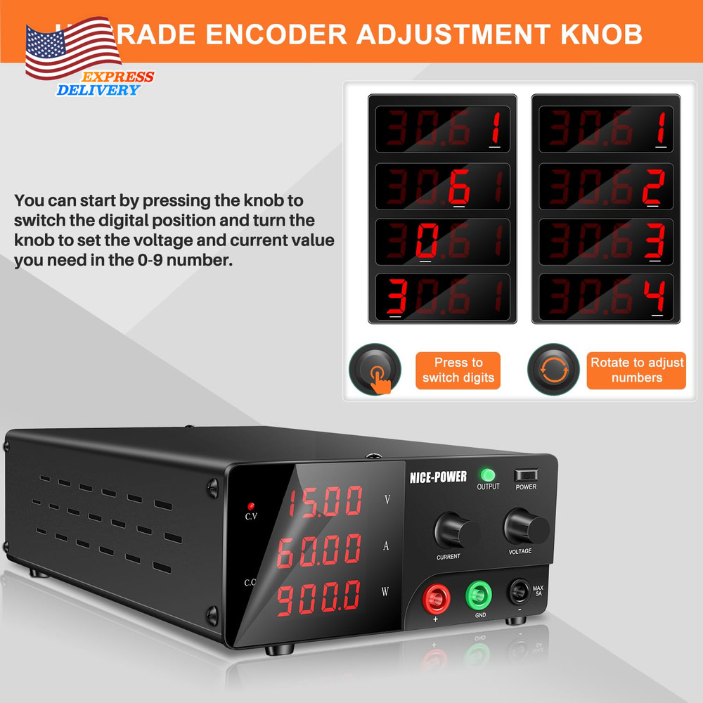 DC Power Supply Variable 15V 60A 900W High Power Bench Power Supply Encoder Knob