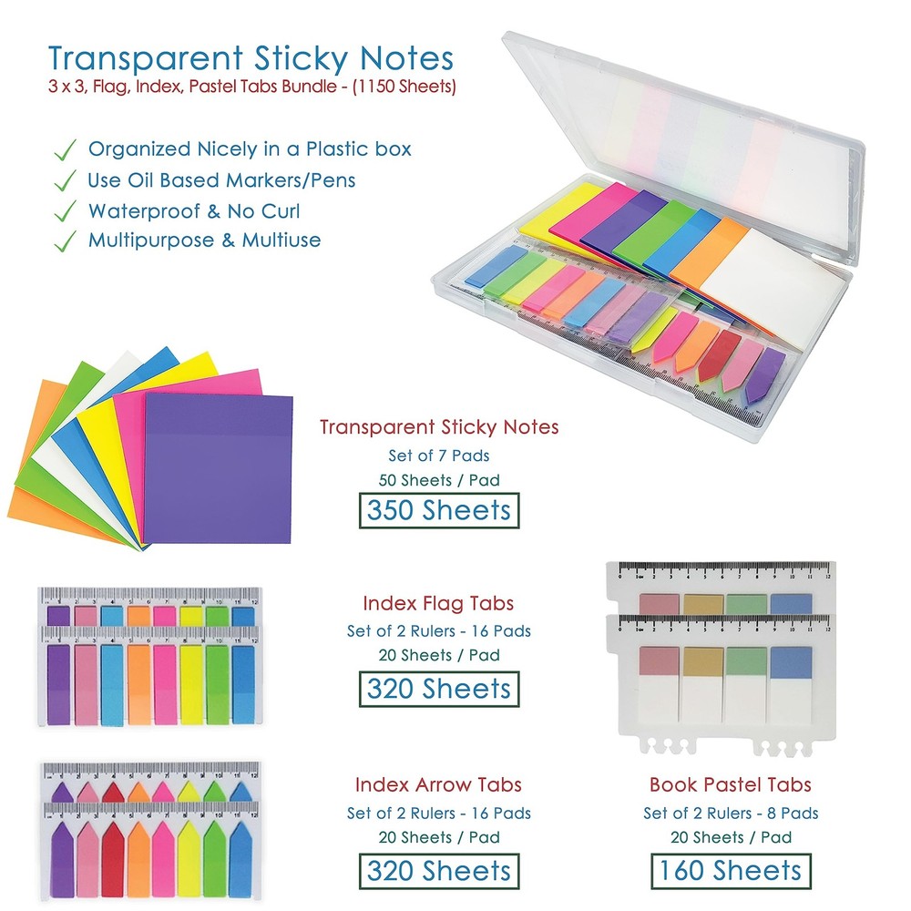 1150 Sheets Transparent Sticky Notes, 3x3 Inch Self-Adhesive Translucent Clea...