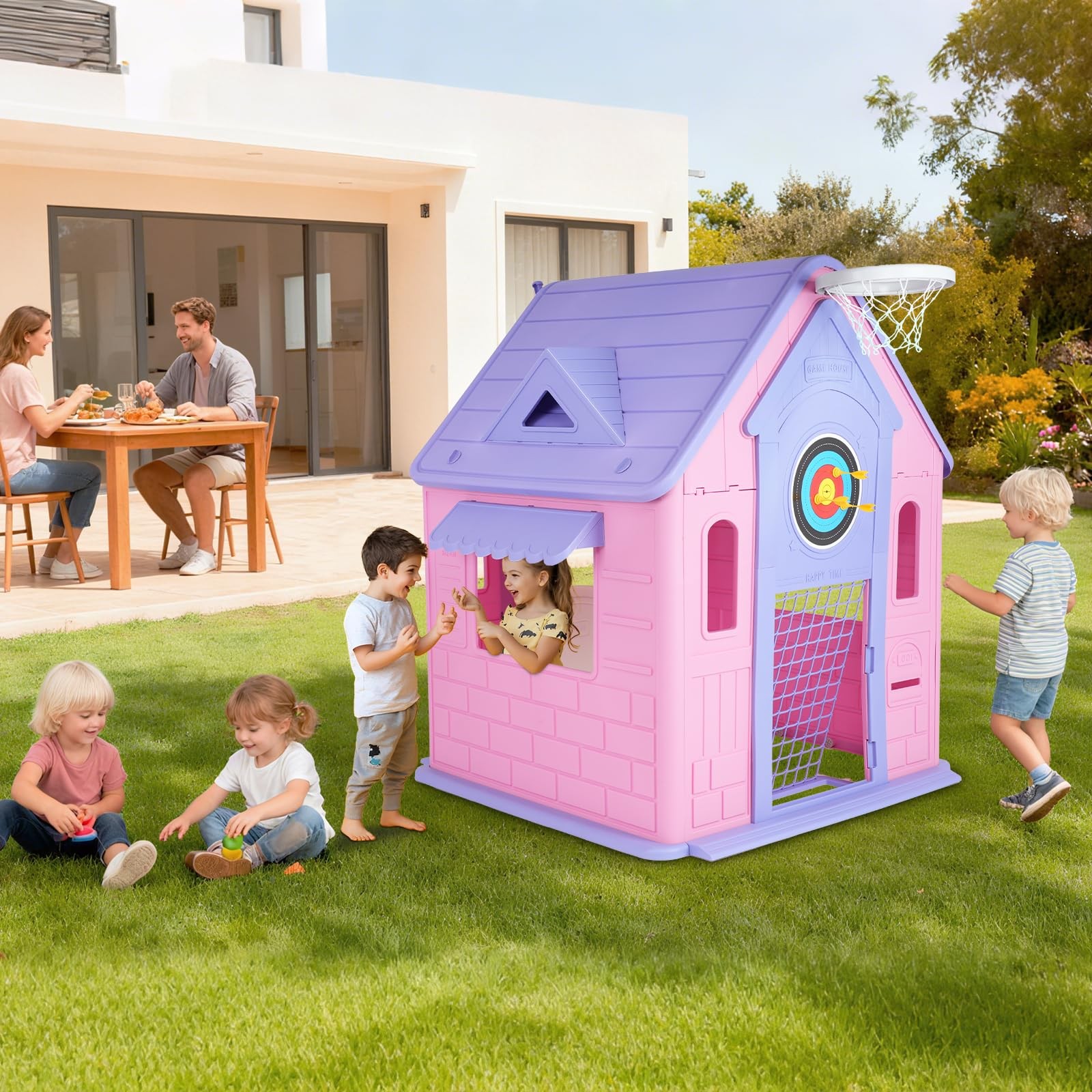 Kids Cottage Playhouse Indoor Outdoor Magnetic Dartboard Basketball Ring Toss So
